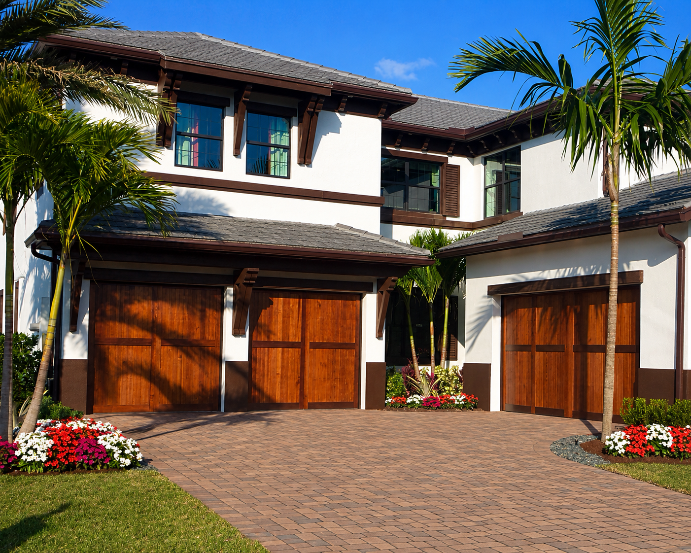 Tropical home with wooden garage doors