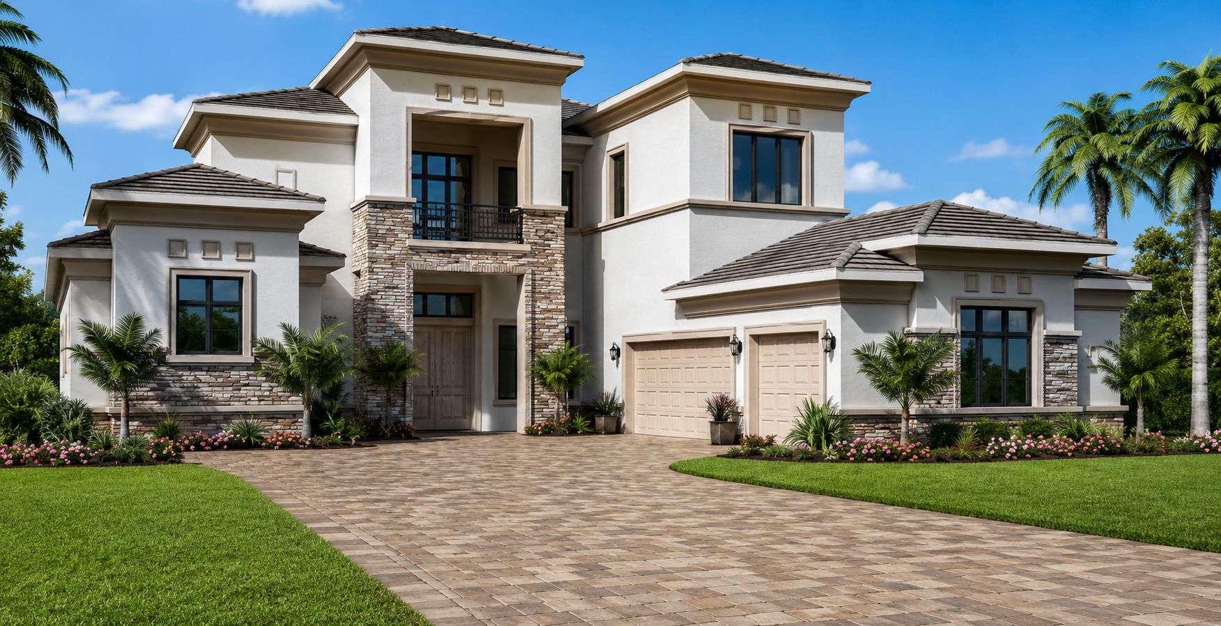 Modern white stone house tropical landscaping